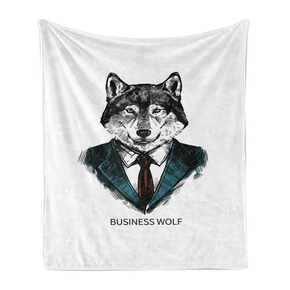 Wolf Soft Flannel Fleece Blanket, Business Animal in Suit with Jacket Shirt and Tie Sketch Style Hipster Print, Cozy Plush for Indoor and Outdoor Use, 70" x 90", Teal Vermilion Black, by Ambesonne