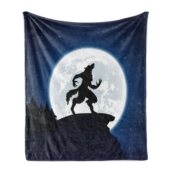 Wolf Soft Flannel Fleece Blanket, Full Moon Night Sky Growling Werewolf Mythical Creature in Woods Halloween, Cozy Plush for Indoor and Outdoor Use, 50" x 60", Dark Blue Black White, by Ambesonne