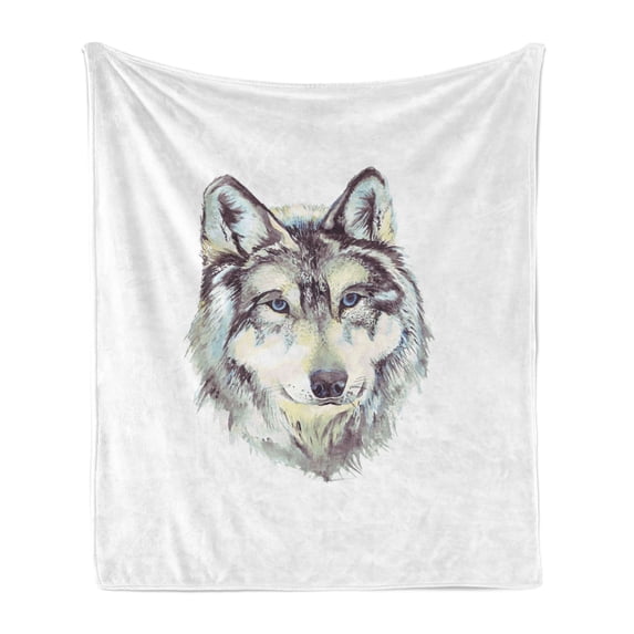 Wolf Soft Flannel Fleece Blanket, Hand Drawn Style Canine Portrait with Blue Eyes Watercolor Wildlife Illustration, Cozy Plush for Indoor and Outdoor Use, 50" x 70", Pale Green Umber, by Ambesonne