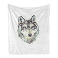thumbnail image 1 of Wolf Soft Flannel Fleece Blanket, Hand Drawn Style Canine Portrait with Blue Eyes Watercolor Wildlife Illustration, Cozy Plush for Indoor and Outdoor Use, 60" x 80", Pale Green Umber, by Ambesonne, 1 of 5