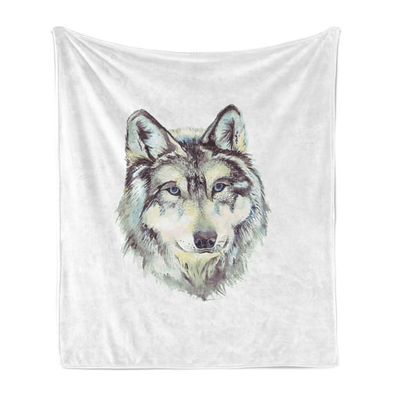 Wolf Soft Flannel Fleece Blanket, Hand Drawn Style Canine Portrait with Blue Eyes Watercolor Wildlife Illustration, Cozy Plush for Indoor and Outdoor Use, 70" x 90", Pale Green Umber, by Ambesonne