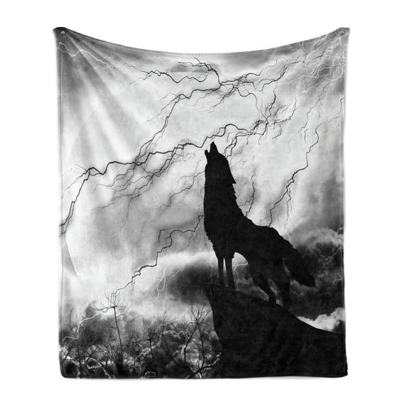 Wolf Soft Flannel Fleece Blanket, Howling Animal Silhouette on a Cliff Under Full Moon Mysterious Dramatic Sky, Cozy Plush for Indoor and Outdoor Use, 50" x 60", Black Grey and White, by Ambesonne