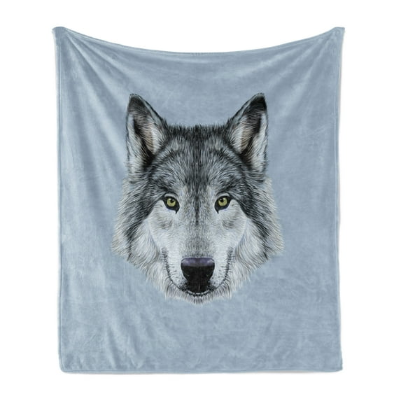 Wolf Soft Flannel Fleece Throw Blanket, Dog Portrait Gaze Sublime Animal Illustration Canine Beast, Cozy Plush for Indoor and Outdoor Use, 60" x 80", Black Beige Bluegrey, by Ambesonne