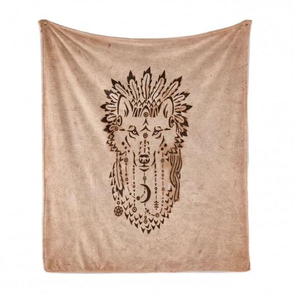Wolf Soft Flannel Fleece Throw Blanket, Drawing Style Animal in Bonnet Hand Drawn Inspirations, Cozy Plush for Indoor and Outdoor Use, 60" x 80", Peach Brown, by Ambesonne