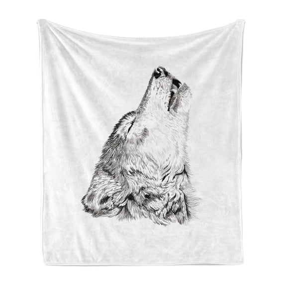 Wolf Soft Flannel Fleece Throw Blanket, Hand Drawn Monochrome Sketch of a Howling Canine Tattoo Pattern Illustration, Cozy Plush for Indoor and Outdoor Use, 50" x 60", Black Grey White, by Ambesonne