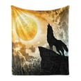 thumbnail image 1 of Wolf Soft Flannel Fleece Throw Blanket, Howling Animal Silhouette at the Top a Hill Full Moon at the Night Time Print, Cozy Plush for Indoor and Outdoor Use, 60" x 80", Yellow and Black, by Ambesonne, 1 of 5