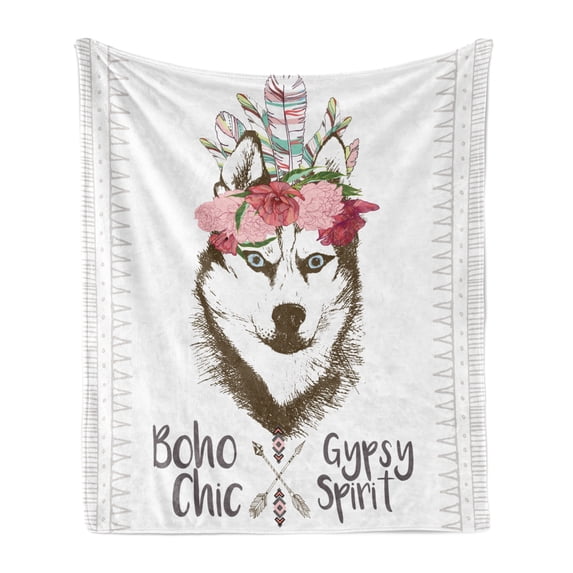 Wolf Soft Flannel Fleece Throw Blanket, Pattern of Floral Head Portrait of Siberian Husky Dog Tribal Arrow Elements Image, Cozy Plush for Indoor and Outdoor Use, 50" x 60", Multicolor, by Ambesonne
