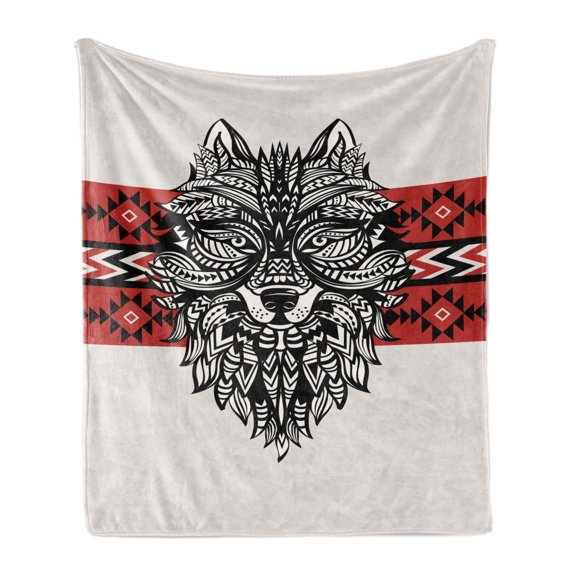 Wolf Soft Flannel Fleece Throw Blanket, Tattoo Style Totem Style Animal Face with Swirls Geometric Triangle Motifs, Cozy Plush for Indoor and Outdoor Use, 60" x 80", Red Black Cream, by Ambesonne