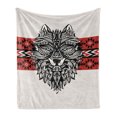 thumbnail image 1 of Wolf Soft Flannel Fleece Throw Blanket, Tattoo Style Totem Style Animal Face with Swirls Geometric Triangle Motifs, Cozy Plush for Indoor and Outdoor Use, 70" x 90", Red Black Cream, by Ambesonne, 1 of 5