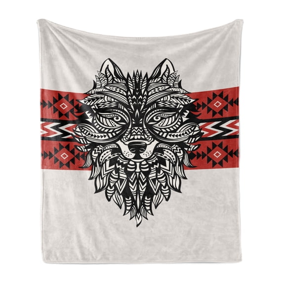 Wolf Soft Flannel Fleece Throw Blanket, Tattoo Style Totem Style Animal Face with Swirls Geometric Triangle Motifs, Cozy Plush for Indoor and Outdoor Use, 70" x 90", Red Black Cream, by Ambesonne