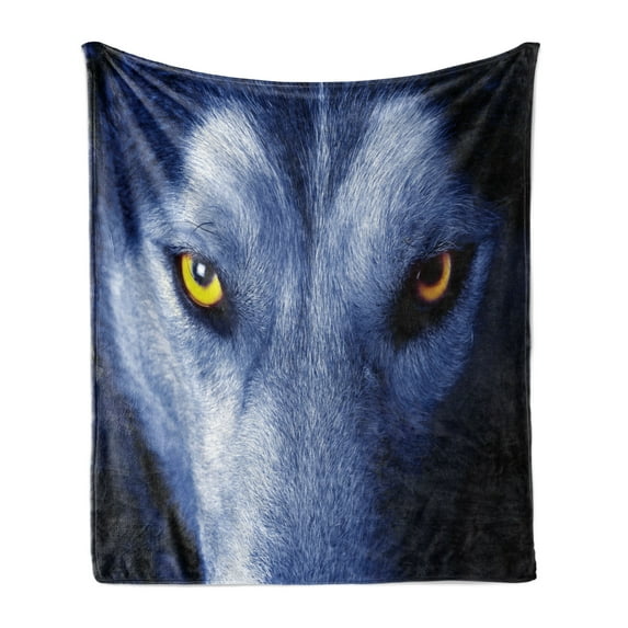 Wolf Soft Flannel Fleece Throw Blanket, Wild Animal with an Angry Expression Woodland Fauna Themed Photography, Cozy Plush for Indoor and Outdoor Use, 60" x 80", Blue Pale Blue, by Ambesonne