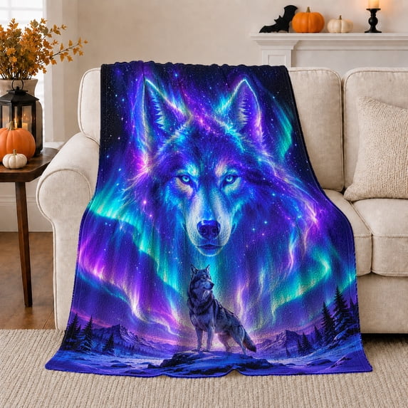 Wolf Spirit Face under Aurora Sky, Mystical Wildlife Style for Wolf Lovers, Northern Forest Vision and Christmas Gift, Cozy Flannel Blanket for Cabin and Bedroom, Home Decor