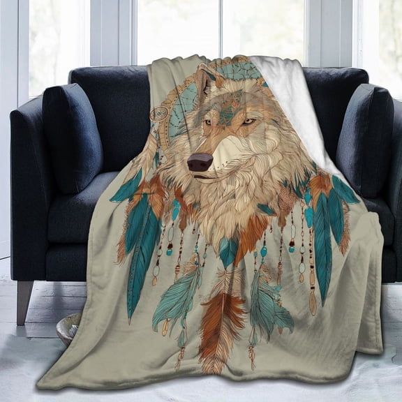 Wolf Spirit Throw Blanket, Bohemian Dreamcatcher Art Soft Flannel Fleece, Rustic Wilderness Home Decor for Couch Sofa Travel 50x40