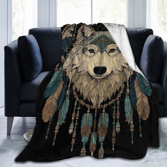 Wolf Spirit Throw Blanket, Bohemian Dreamcatcher Art Soft Flannel Fleece, Rustic Wilderness Home Decor for Couch Sofa Travel 50x40