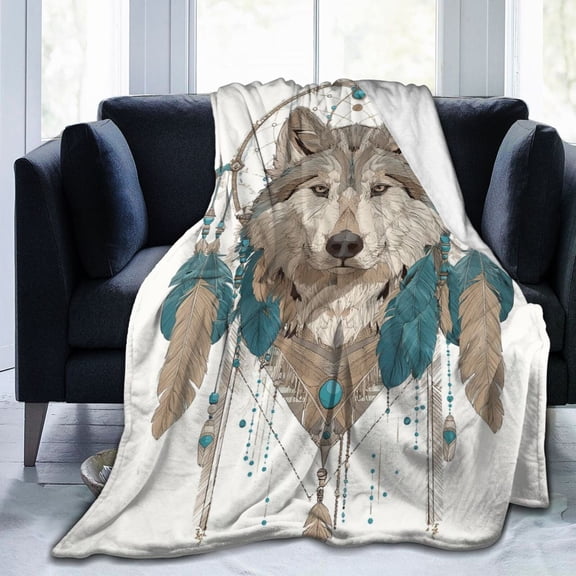 Wolf Spirit Throw Blanket, Bohemian Dreamcatcher Art Soft Flannel Fleece, Rustic Wilderness Home Decor for Couch Sofa Travel 50x40