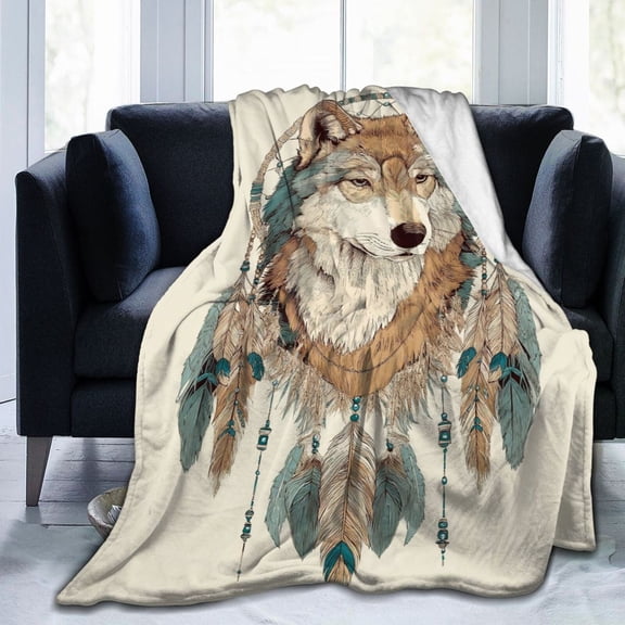Wolf Spirit Throw Blanket, Bohemian Dreamcatcher Art Soft Flannel Fleece, Rustic Wilderness Home Decor for Couch Sofa Travel 50x40