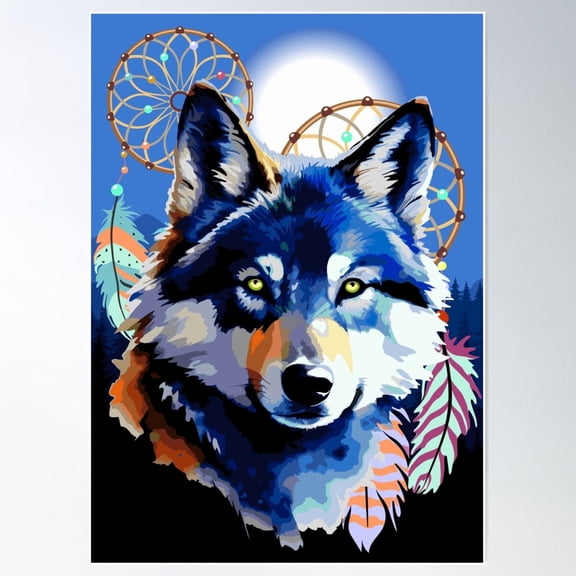 Wolf Spiritual Symbol On Native Dreamcatcher And Mountains Landscape Poster Wall Art, Modern Wall Decor For Living Room Bedroom, 12x18 UNFRAMED