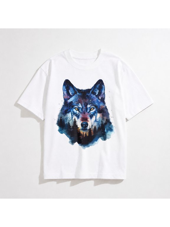 Wolf Splash Art Animal Face Forest Landscape Wolf T-Shirt