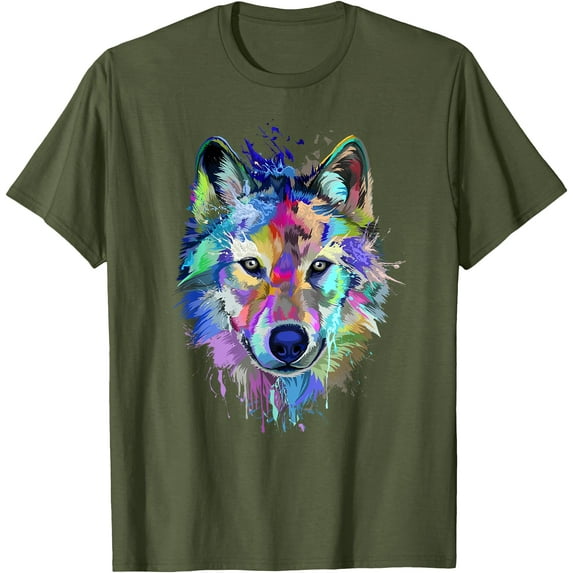 Wolf Splash Art Animal Face Wolf Lover Unisex T-Shirt for Men Women Kids Toddler,Military Green Color,Size 2XL