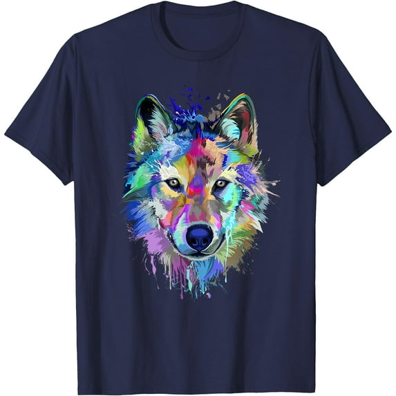 Wolf Splash Art Animal Face Wolf Lover Unisex T-Shirt for Men Women Kids Toddler,Navy Color,Size YL