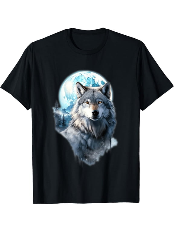 Splash Art Animal Face Wolf Moon Graphic Mens T-Shirt