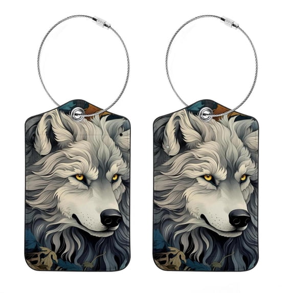 Wolf Square PU Leather Luggage Tags - 2 Pack with Privacy Cover and Stainless Steel Ring - Suitable for Travel, Backpack, Handbag - Suitcase Tags, Travel Tag