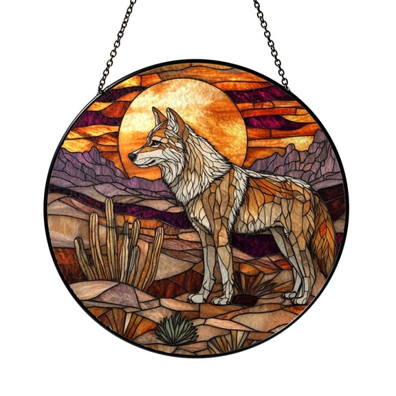 Wolf Stained Glass Suncatcher Fantasy Desert Sunset Window Decor, Wild Animal Hanging Art, Nature Inspired Home Decoration, Perfect Gift for Animal and Nature Lovers