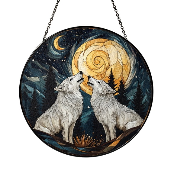 Wolf Stained Glass Suncatcher, Howling Wolves Moonlight Window Hanging, Wildlife Home Gift