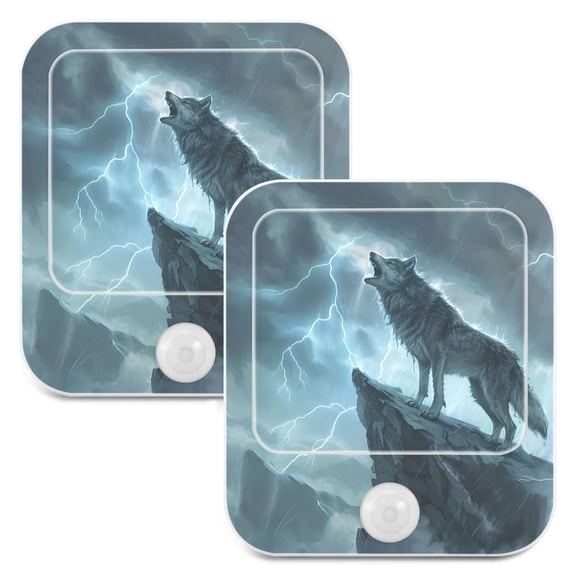 Wolf Stand on Mountain 2 Pack LED Motion Sensor Night Light Plug into Wall Auto Dusk to Dawn Adjustable Brightness for Kids Bedroom Hallway Nursery Room