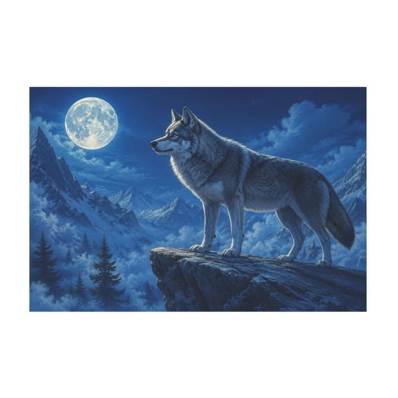 Wolf Standing on Cliff in Forest Under Full Moon Canvas Wall Art for Living Room Home Decor 12*18in