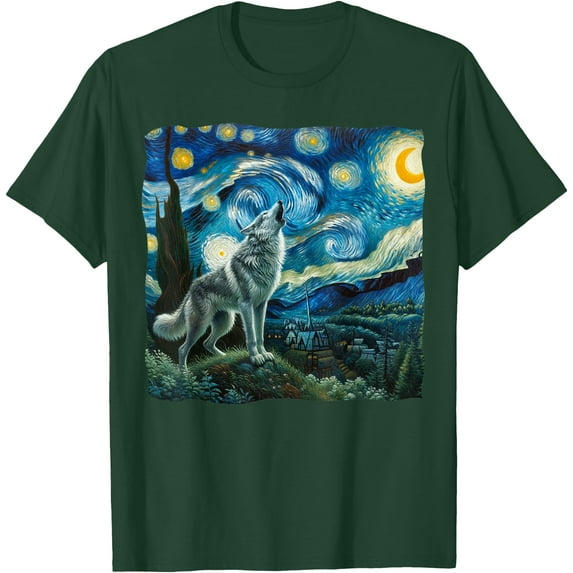 Wolf Starry Night Howling Moon Funny Gifts Unisex T-Shirt for Men Women Kids Toddler,Forest Green Color,Size 3XL