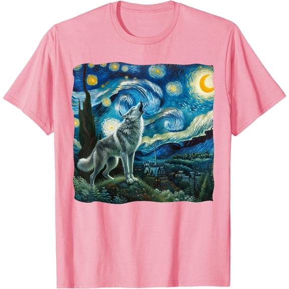 Wolf Starry Night Howling Moon Funny Gifts Unisex T-Shirt for Men Women Kids Toddler,Light Pink Color,Size XL