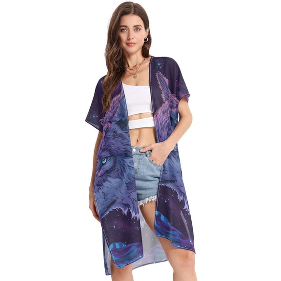 Wolf Starry Sky Women Swimsuit Cover up V Neck Beach Dress Short Sleeve Vacation Outfits Swimwear