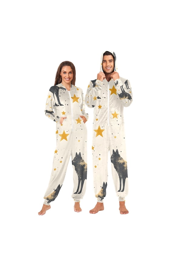 Wolf Stars Adult Onesie Pajamas Slim Fit Christmas One Piece Suit Pjs for Women and Men Hooded Zipper