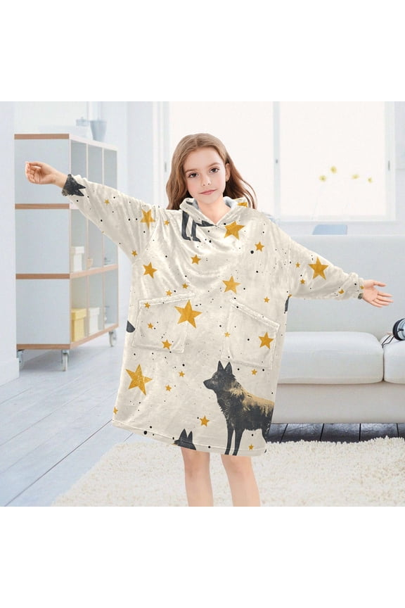 Wolf Stars Oversized Wearable Blanket Hoodie Sweatshirt Flannel for Unisex Girls Boys