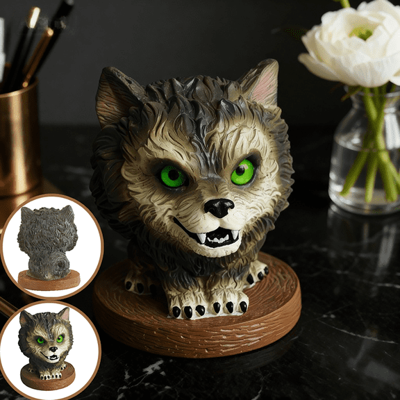Wolf Statue Howling Moon Resin Figurine, Cute Desktop Animal Ornament Decoration for Home Bedroom Living Room Shelf Decor Gift