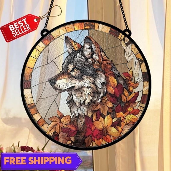 Wolf Suncatcher, Glass-Effect Fall Window Hanging Decor