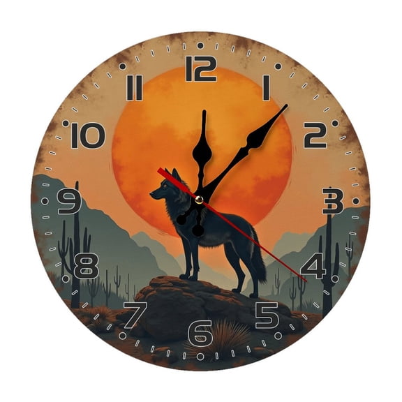 Wolf Sunset Desert Wall Clock 10 Inch Silent Non Ticking Round Clock Decoration for Living Room Kitchen Bedroom Bathroom Office Classroom