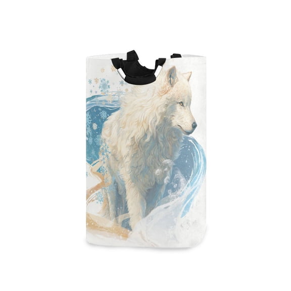 Wolf Surrounded by Blue Color Wave Laundry Basket with Handles Foldable Laundry Hamper Freestanding Washing Bin 50L