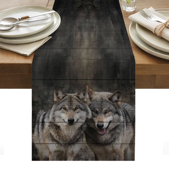 Wolf Table Runner Animal Family Vintage Wood Grain Tablerunners 13 x 36 Inch, Table Decorations Tabletop Scarf for Summer Gathering Holiday Farmhouse Kitchen Dining Decor