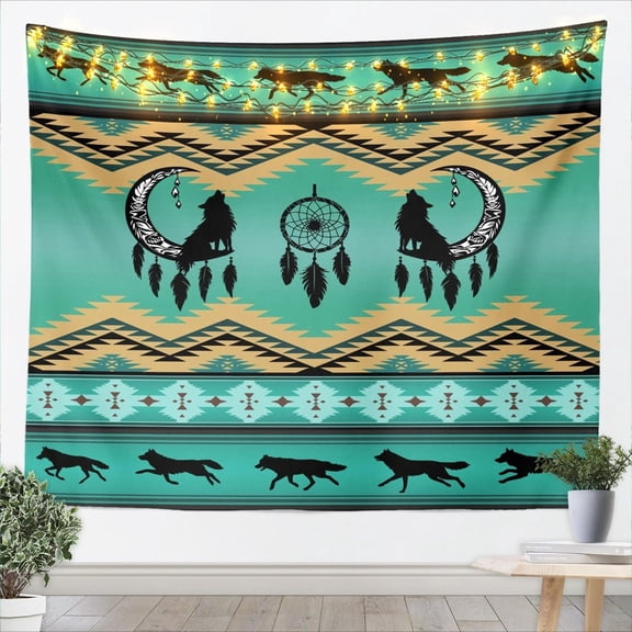 Wolf Tapestries Small 51x59 Moon Dream Catcher Wall Hangings Art,Southwestern Native Ethnic Tribal Arrow Aztec Tapestry Western Boho Wall Art,Exotic Nordic Style Wild Animals Bohemian Decor,Green