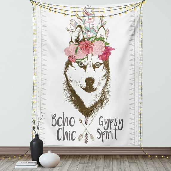 Wolf Tapestry, Aztec Floral Head Portrait of Siberian Husky Dog Tribal Arrow Elements Kitsch Image, Wall Hanging for Bedroom Living Room Dorm Decor, 40W X 60L Inches, Multicolor, by Ambesonne