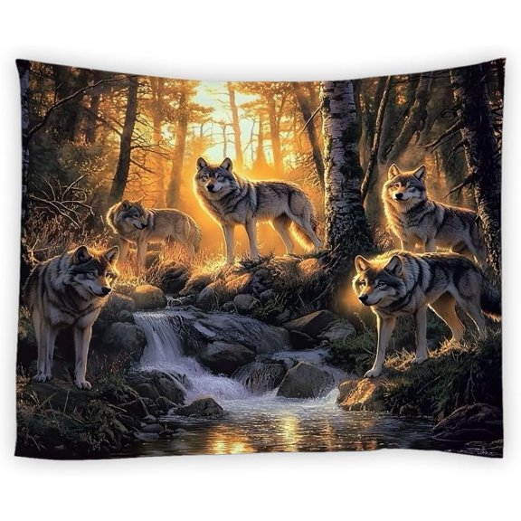 Wolf Tapestry Fall Misty Forest Wolves Family Waterfall Mountain Wild Animal Autumn Sunset Nature Scenery Hunting Theme Wall Home Decoration for Living Room Bedroom Dormitory