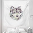 thumbnail image 1 of Wolf Tapestry, Hand Drawn Style Canine Portrait with Blue Eyes Watercolor Wildlife Illustration, Fabric Wall Hanging Decor for Bedroom Living Room Dorm, 5 Sizes, Pale Green Umber, by Ambesonne, 1 of 1