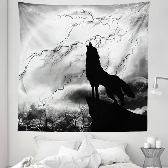 Wolf Tapestry, Howling Animal Silhouette on a Cliff Under Full Moon Mysterious Dramatic Sky, Fabric Wall Hanging Decor for Bedroom Living Room Dorm, 5 Sizes, Black Grey and White, by Ambesonne