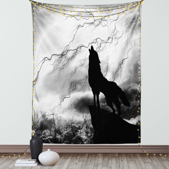 Wolf Tapestry, Howling Animal Silhouette on a Cliff Under Full Moon Mysterious Dramatic Sky, Wall Hanging for Bedroom Living Room Dorm Decor, 40W X 60L Inches, Black Grey and White, by Ambesonne
