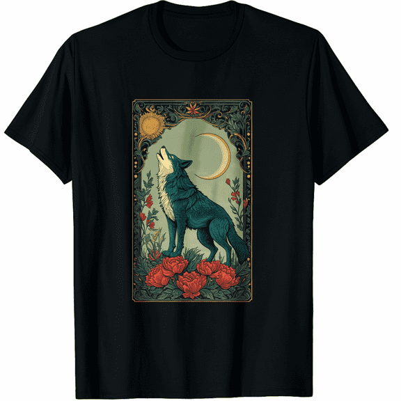 Wolf Tarot Card Full Moon Cottagecore Floral Wolf T-Shirt for Men Women