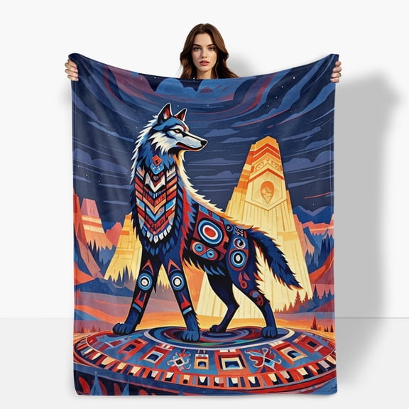 Wolf Themed Blue Decorative Flannel Blanket For Sofa Bed Travel Camping Living Room Office Chair Polyester Gift For Family Friends Soft Warm Comfortable