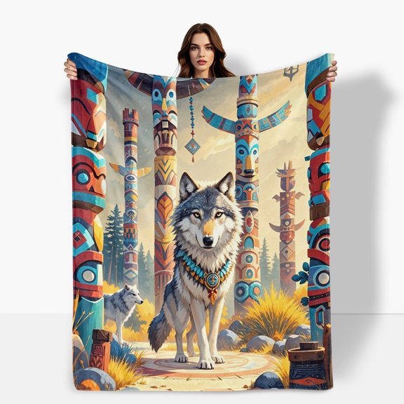 Wolf Themed Pillar Inspired Decorative Flannel Blanket For Sofa Bed Travel Camping Living Room Office Chair Polyester Gift For Family Friends Soft Warm Comfortable