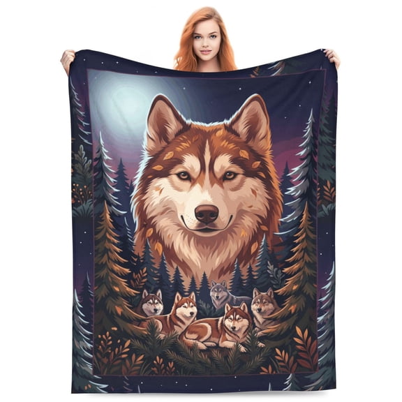 Wolf Throw Blanket Cool Wolves and Aurora Print Flannel Blanket, Super Soft Plush Cozy Throw, Premium Bedding for Couch Home 50x40